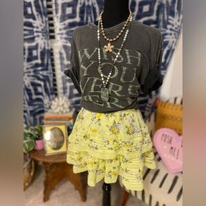 NWT Aerie Yellow Tiered Floral Mini Skirt w/Lace Trim Pastel Spring Boho Ruffle